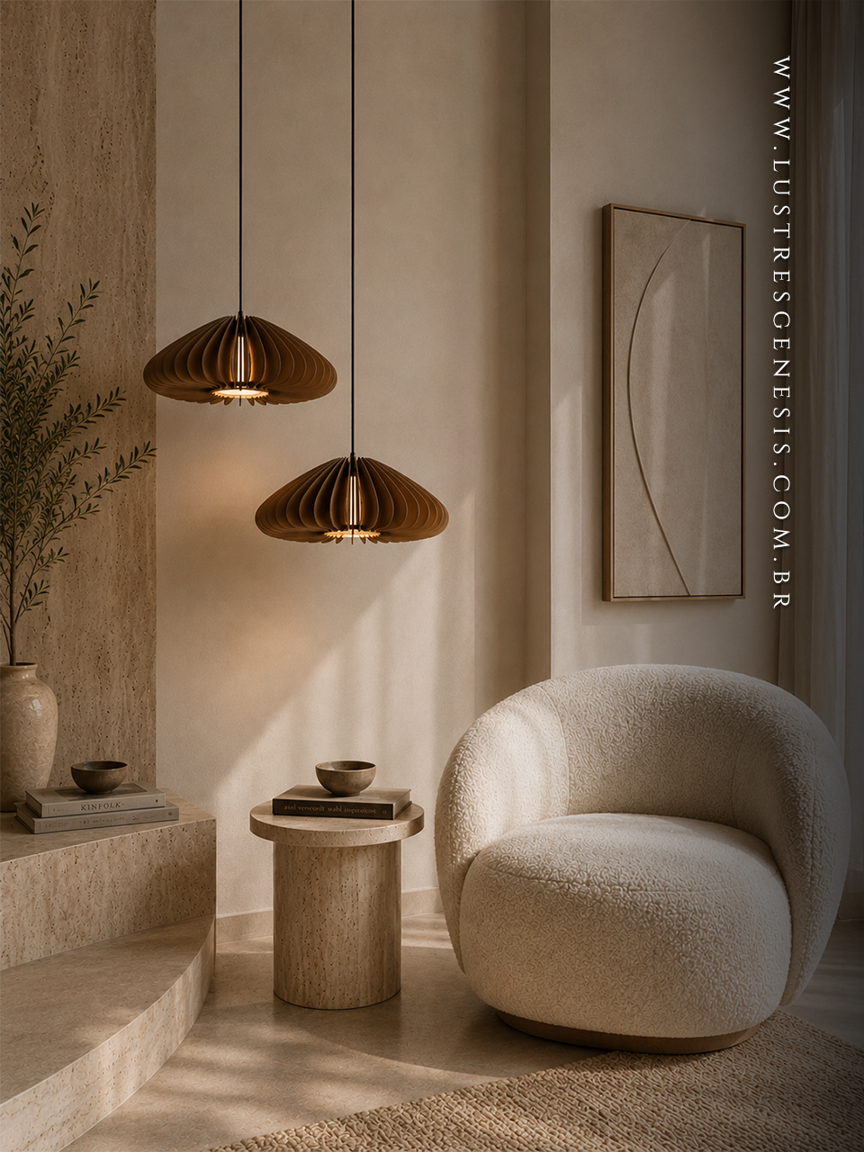 Luminaria de Teto Pendente Madeira LMC433 E27 Ø44cm, Mesa Area Gourmet, Sala de Estar, Mesa Sala de Jantar
